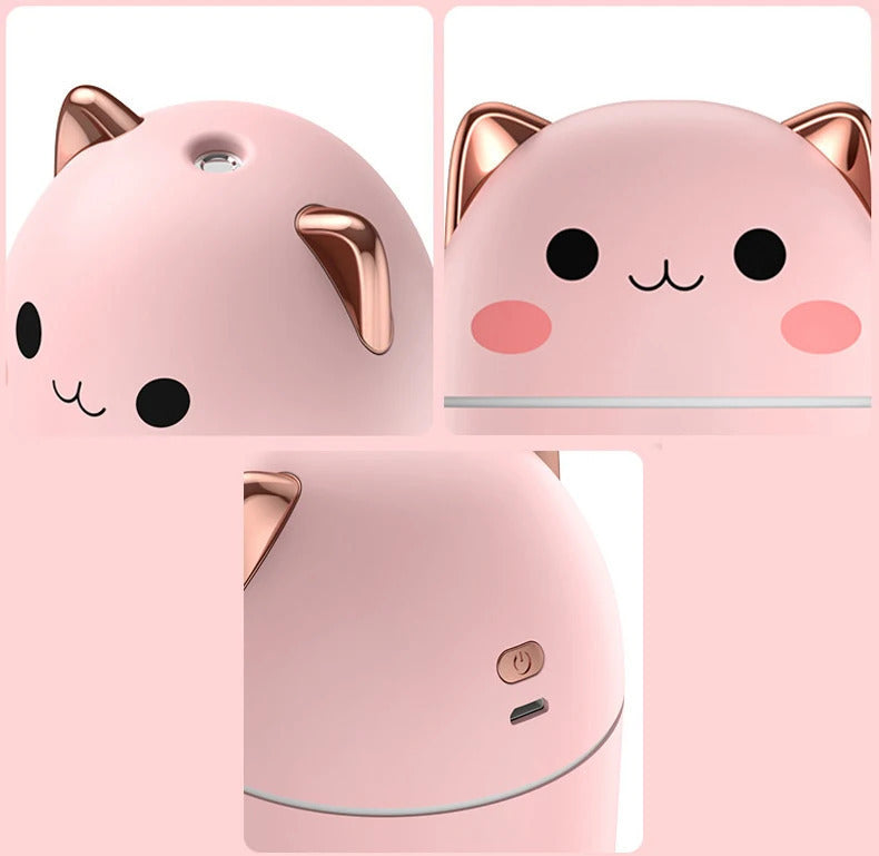 Umidificador de Ar Gatinho Fofo – Silencioso, USB, Aromaterapia com LED e Névoa Fria
